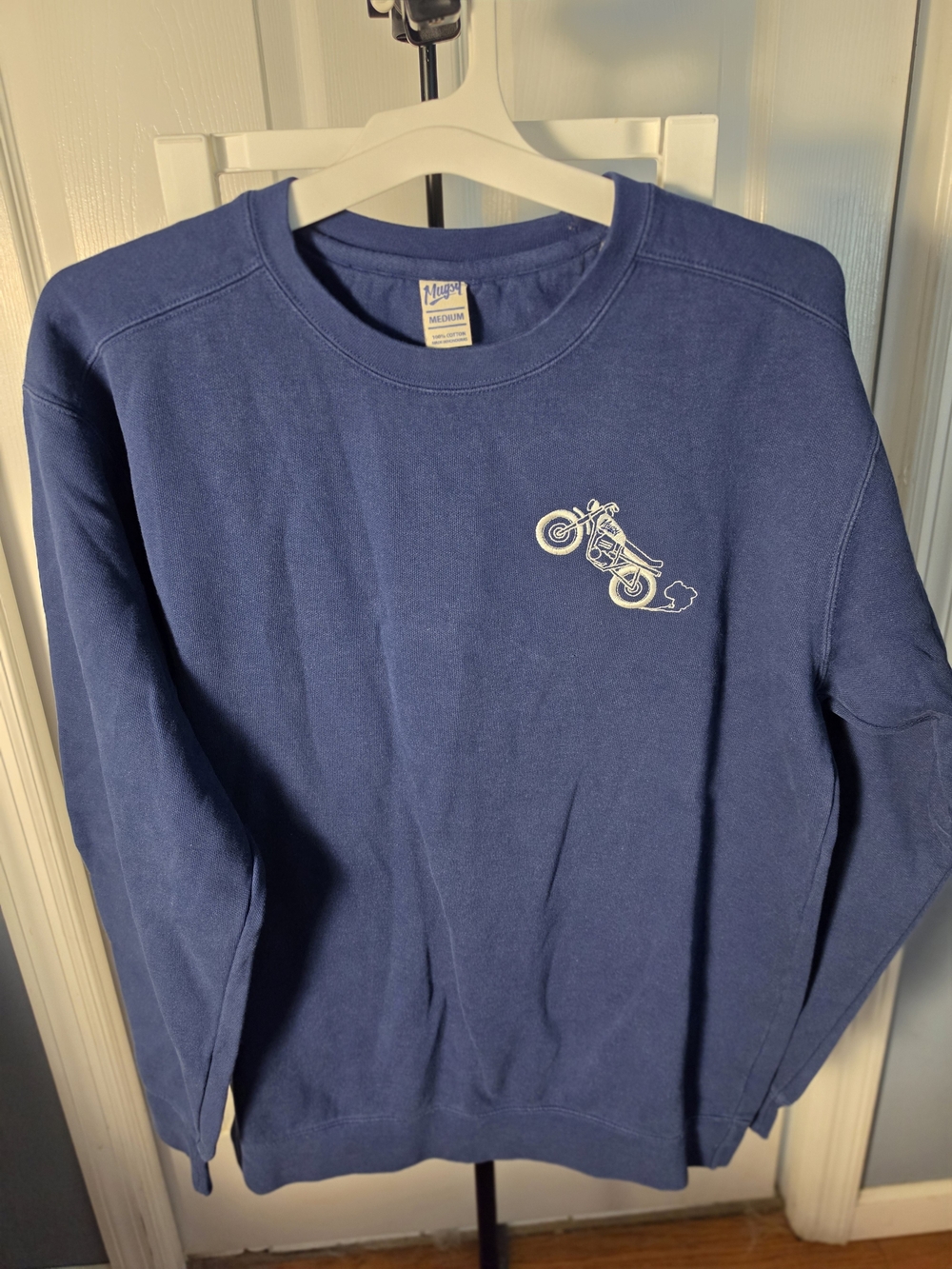 Mugsy Men's Navy Crewneck Sweater with Motorcycle Embroidery